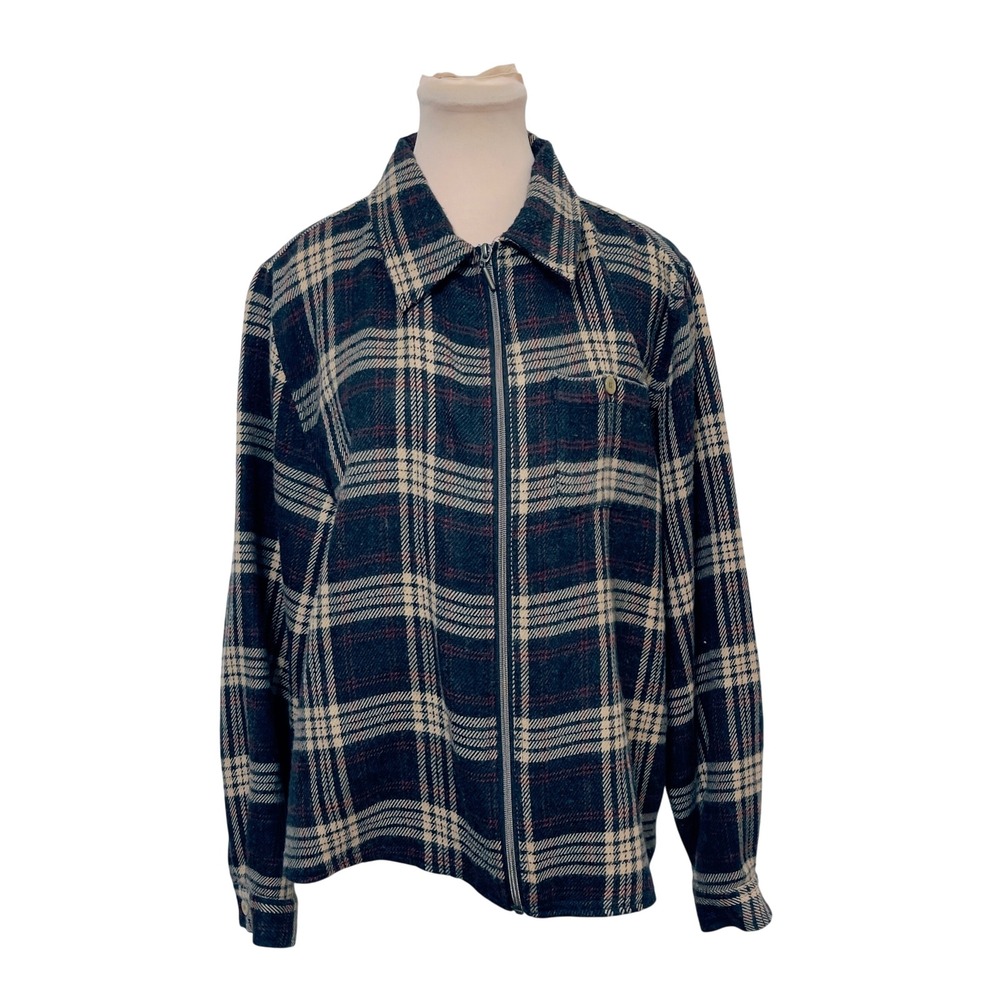 Woolrich Womens Plaid Full Zip Shirt Jacket Large Black Blue Utility Cabincore